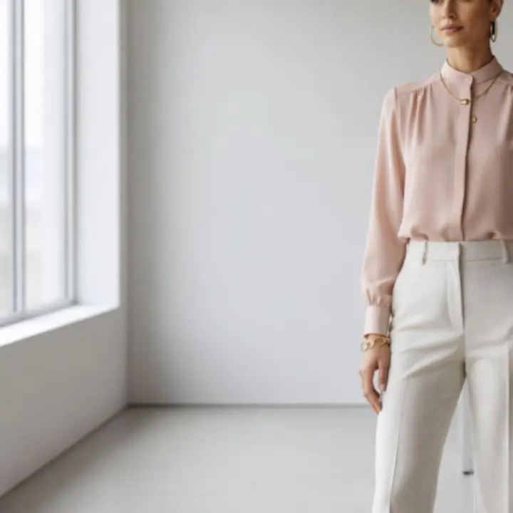 Elegáns irodai outfit szövetnadrággal és púder blúzzal