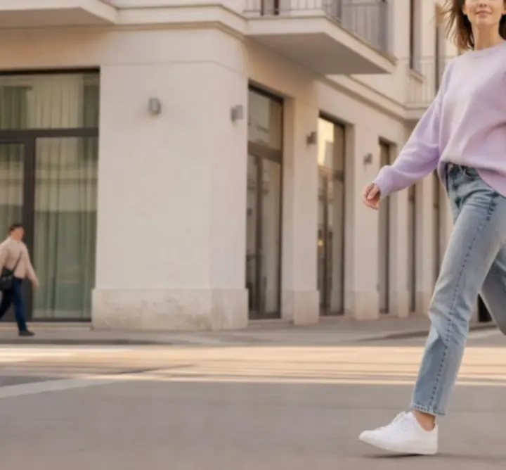 Laza hétköznapi szett farmerrel, pulóverrel és fehér sneakerrel